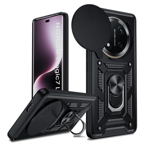 LeYi Coque pour Honor Magic 7 Lite 5G Antichoc Full Protection Caméra Coulissante,Anneau Support, Étui de PC Dur et TPU Silicone Militaire Anti-Rayures Coque,Noir