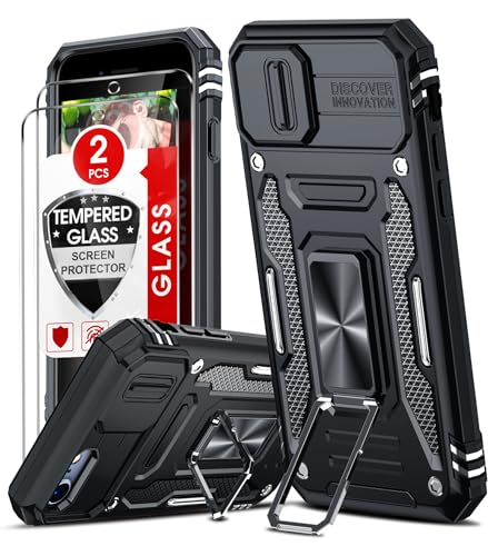 LeYi Coque pour iPhone SE 2022/2020, iPhone 8/7 Antichoc avec Protection Caméra Coulissante+2*Verre Trempé+Anneau Support, Étui de PC Dur et TPU Silicone Militaire Anti-Rayures Coque SE 2022-Noir