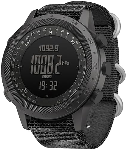 Montre militaire pour homme avec boussole, podomètre, altimètre, baromètre, montre de sport numérique, étanche 5 ATM, en nylon, noire, Noir , lanière