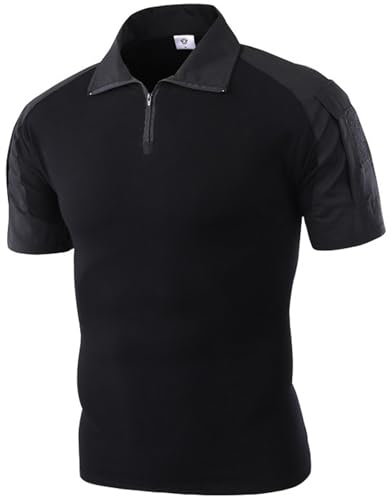PADOLA Tactique Tee Shirt Homme 1/4 Zip Combat T Shirt Camouflage Militaire Tshirt Été Cargo T-Shirts à Manches Courtes Multi-Poches Chemise de Travail Tenue Militaire Chasse (XL, 0 Noir)
