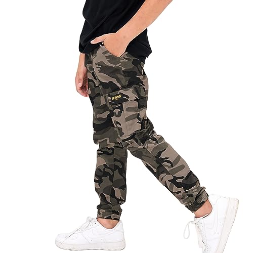 Rolanko Pantalon Cargo Garçon Jogging Enfant Slim Fit Camouflage Pantalons Ave Taille Élastiquée, Gris Camo, Taille: 150/10-11 Ans
