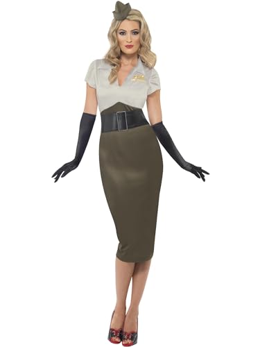 Smiffys Costume sexy de pin-up de l'armée 2ème guerre mondiale, vert et khaki, robe et coiffe Halloween