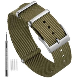 Ayadoo 22mm Bracelets de montre en nylon vert armée d'une seule pièce pour hommes et femmes, bandes de remplacement avec boucle en argent
