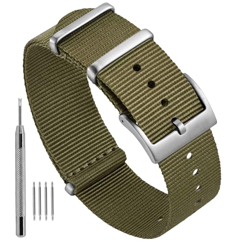 Ayadoo 22mm Bracelets de montre en nylon vert armée d'une seule pièce pour hommes et femmes, bandes de remplacement avec boucle en argent