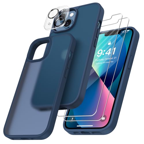 FLLAO 4 en 1 Coque pour iPhone 13 avec 2 Verre Trempé et 1 Caméra Protecteur, [Protection Militaire] Antichoc Antirayures Etui Translucide Mat Protection Housse pour iPhone 13, Bleu foncé