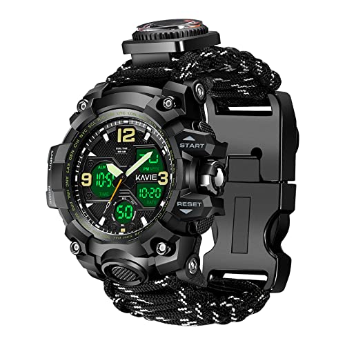 Montre de survie numérique militaire 23 en 1 pour homme, tactique, multifonction et réglable, étanche, double cadran avec boussole et bracelet en paracorde, Noir réfléchissant, Numérique
