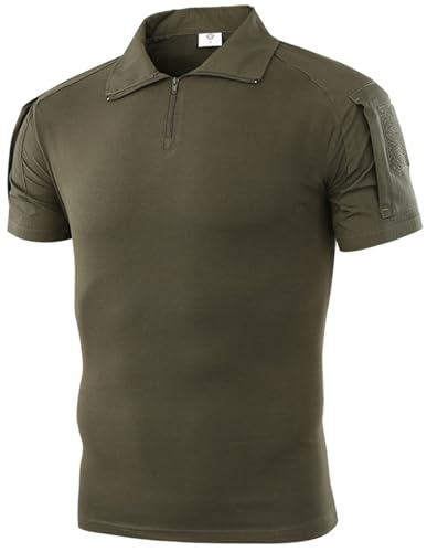 PADOLA Tactique Tee Shirt Homme 1/4 Zip Combat T Shirt Camouflage Militaire Tshirt Été Cargo T-Shirts à Manches Courtes Multi-Poches Chemise de Travail Tenue Militaire Chasse (S, 1 Vert armée)