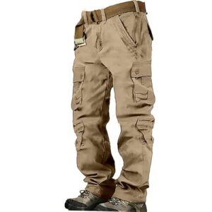 Pantalon cargo pour homme - Coupe droite - Coupe ample - 8 poches sans ceinture - Pantalon de travail tactique militaire - Pour l'extérieur et les sorties quotidiennes, kaki, 56