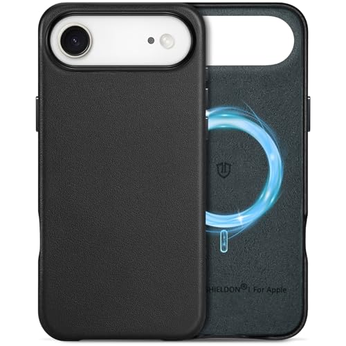 Shieldon Coque Standard Cuir Véritable pour iPhone Air 6,5 Pouces 5G 2025, Etui Magnétique Boutons en Métal Housse Antichoc Antidérapant Compatible Chargement sans Fil - Noir