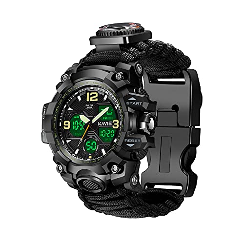 Smilkat Montre de Survie numérique Militaire 23 en 1 pour Homme, Tactique, Multifonction et réglable, étanche, Double Cadran avec Boussole et Bracelet en paracorde, Noir, Numérique