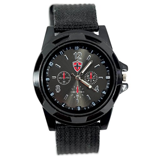TAPORT® Montre ronde tactique militaire à quartz avec bracelet en toile noire et cadran noir