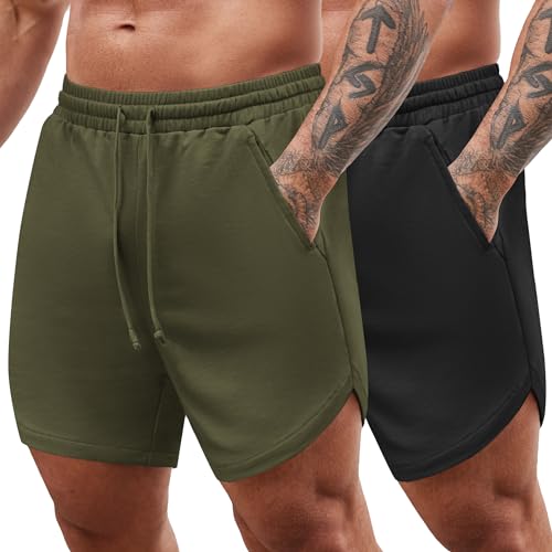 COOFANDY Short d Entrainement Homme Gym Fitness Sport avec Poches Lot de 2 Vert Militaire Noir M