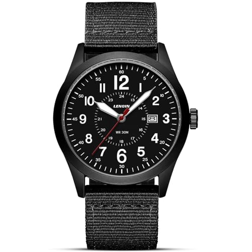 LN LENQIN Montres Hommes Montres Militaires Field Analog Quartz Montre pour Homme Affichez Les Montres de Poignet imperméables avec Date Nylon Band Army Tactical Sports (LN-0599-All Black)