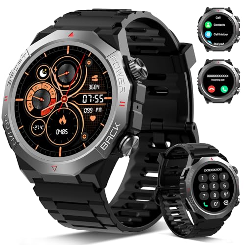 Militaire Montre Connectée Homme Femme avec Appel Bluetooth, 1.39" HD Smartwatch Motre Sport avec 110+ Modes Sportifs, Podometre Cardiofrequencemetre Sommeil, Etanche IP68 pour Android/iOS, Noir foncé