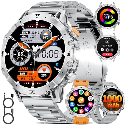 Montre Connectée Homme Militaire avec 1000mAh/LED Lampe, 1,6" Écran Smartwatch Homme avec Appel Bluetooth, 114 Modes Sportifs, Fréquence Cardiaque/Suivi du Sommeil, 5ATM Étanche, pour Android iOS