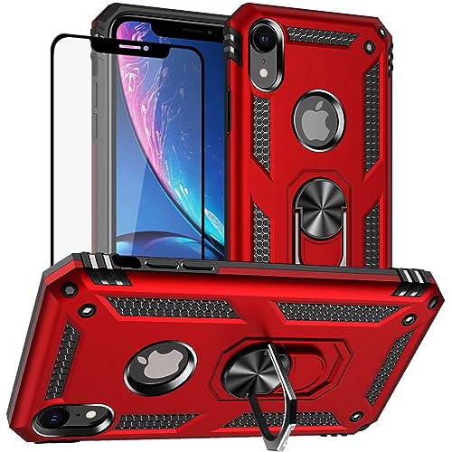 Yiakeng Coque pour iPhone XR, iPhone XR avec protecteur d'écran, coque de protection en silicone antichoc de qualité militaire avec anneau de béquille pour iPhone XR (rouge)