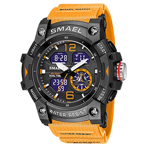 AIMES Montre pour homme - Étanche - Pour sports de plein air - Style militaire - Numérique - Analogique - Date - Multifonction - LED - Grand cadran - Alarme et chronomètre - Pour homme, Orange,