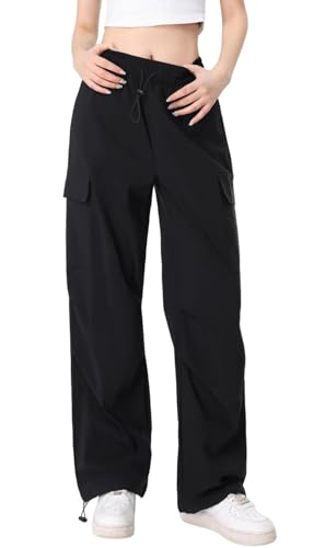 Atxnn Pantalon Cargo Femme Strech Large Pantalons de Travail à Séchage Rapide Elastique Taille Haute Multipoche Y2K Streetwear, Noir L