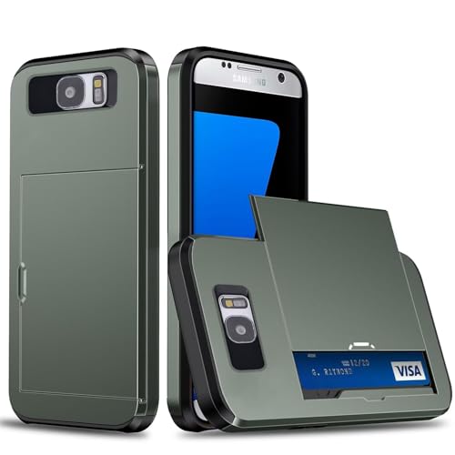 Coque Portefeuille pour Samsung Galaxy S7 avec Porte-Cartes, Étui de Protection Téléphone Double Couche Antichoc, Fente Cachée Coulissante, Antichoc TPU+PC Housse Portefeuille - Vert Militaire