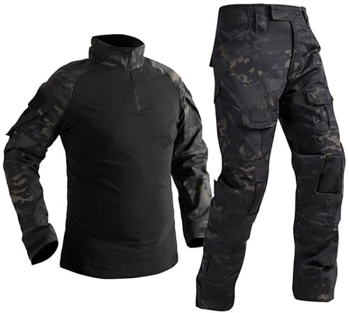 Czen Chemise de Combat militaire pour hommes uniforme tactique chemises à manches longues pantalon costume Airsoft BDU chemise Paintball tenue de Camouflage (BlackCp, XL)