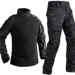 Czen Chemise de Combat militaire pour hommes uniforme tactique chemises à manches longues pantalon costume Airsoft BDU chemise Paintball tenue de Camouflage (BlackCp, XL)
