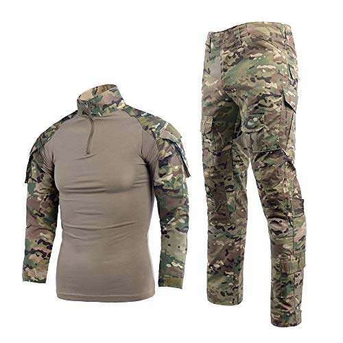LANBAOSI Chemise de Combat Militaire Homme Uniforme Tactique Séchage Rapide à Manches Longues & Pantalon Costume Tenues de Combat Pantalon Militaire Paintball, Vert Camo (Mc) S
