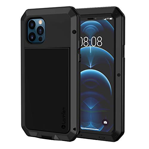 Lanhiem Coque pour iPhone 12 / Coque pour 12 Pro, [Métal et Rigide] [Antichoc] Militaire avec du Verre trempé Integrale Indestructible Chantier Antipoussière Etui [Compatible Charge sans Fil] - Noir