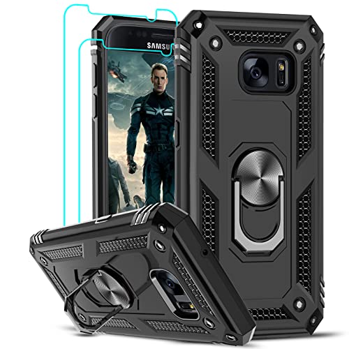 LeYi Coque pour Samsung Galaxy S7 avec 2 Verre Trempé, Anneau Support Militaire Double Couche Défense Bumper TPU Silicone Antichoc Armure Housse Etui pour Samsung S7 Noir