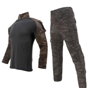 Combinaison de camouflage Airsoft pour hommes Paintball - Chemise de combat - Pantalon tactique à manches longues avec fermeture éclair 1/4 - Tenue militaire Outdoor - Vêtements de chasse camouflage