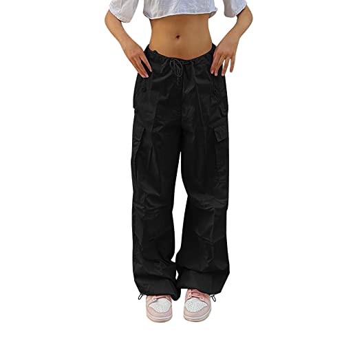 Generico Pantalon Cargo Femme Respirant Large Taille Haute Pantalon avec Muti-Taxches Élastique Casual Été Pantalon Trekking Vintage Pantalon Militaire Baggy Jogging Pantalon Confortable, Noir , XS