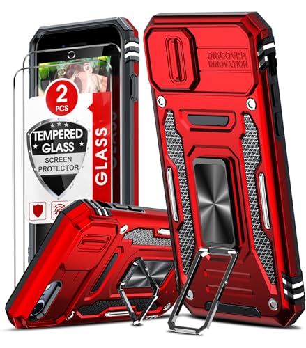 LeYi Coque pour iPhone SE 2022/2020, iPhone 8/7 Antichoc avec Protection Caméra Coulissante+2*Verre Trempé+Anneau Support, Étui de PC Dur et TPU Silicone Militaire Anti-Rayures Coque SE 2022-Rouge