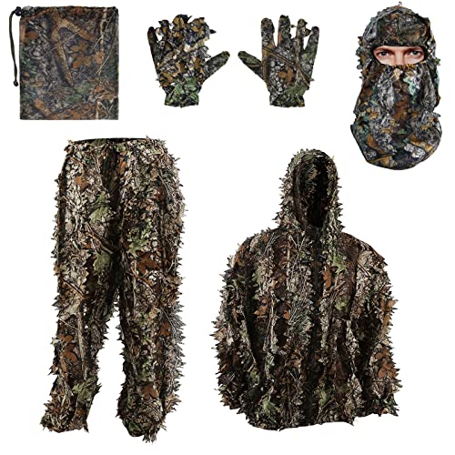 Tenue Camouflage Militaire Ghillie 3D Photo Animalière Chasse Gants Cagoule Ajustable pour Homme Femme (taille 1.8m-1.9m)