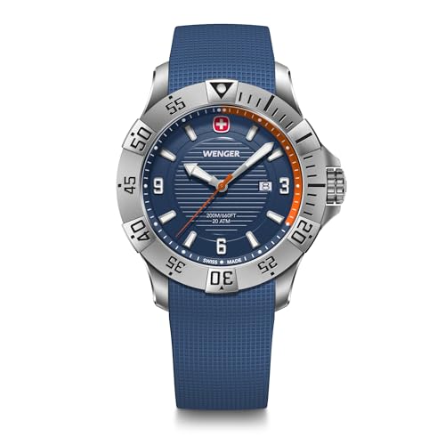 WENGER Montre pour Homme Seaforce Analogique Quartz, Ø 43 mm, Swiss Made, Étanche jusqu'à 200 m, Orange/Bleu, Bracelet en Silicone Bleu, 01.0641.140