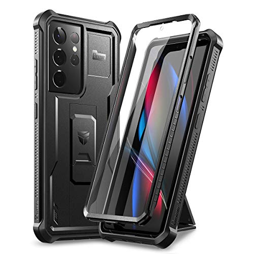 Dexnor Coque pour Samsung Galaxy S21 Ultra 5G 6,8 Pouces avec Protecteur d'écran intégré Armure de qualité Militaire Heavy Duty 360 Full Body Housse de Protection Antichoc avec Support - Noir
