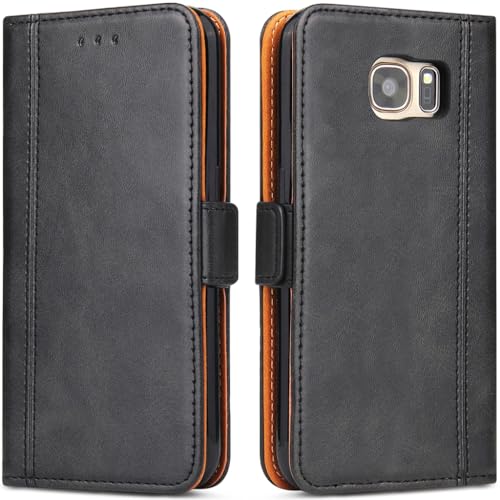 ROJIOJIO Coque pour Samsung Galaxy S7 Edge, Housse en Cuir PU Premium Etui à Rabat Pochette de Portefeuille, Étui de Protection pour Samsung Galaxy S7 Edge, Noir