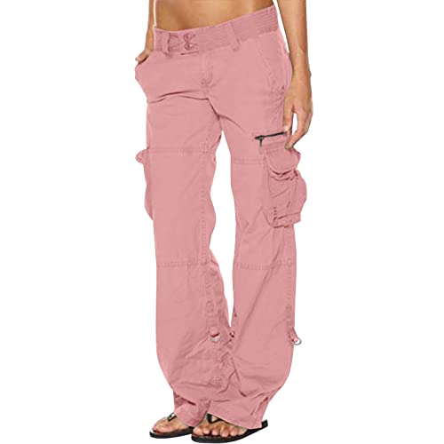 SMIDOW Pantalon cargo taille basse pour femme - Grande taille - Pantalon baggy extensible à jambes larges et poches - Pantalon militaire Y2K Streetwear, #G04-Rose, Taille XS