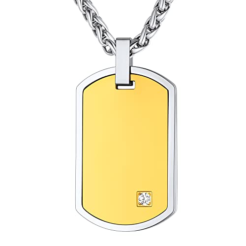 Supcare Collier avec gravure personnalisée, plaque militaire personnalisable collier homme avec zircon blanc, argent or pendentif personnalisé bijoux homme idées cadeaux papa, Acier inoxydable